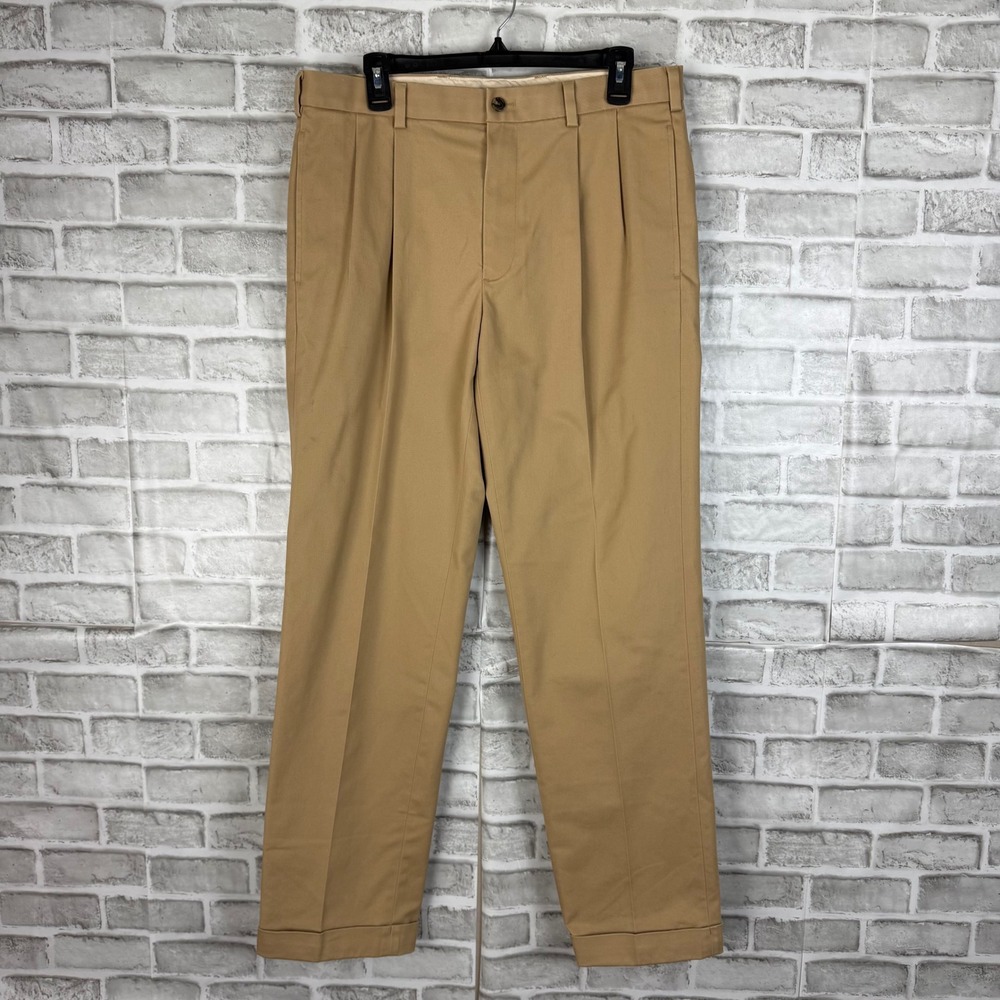Brooks Brothers Elliot Advantage Chino Khaki Pleated Cuffed Pants Mens 34x32
